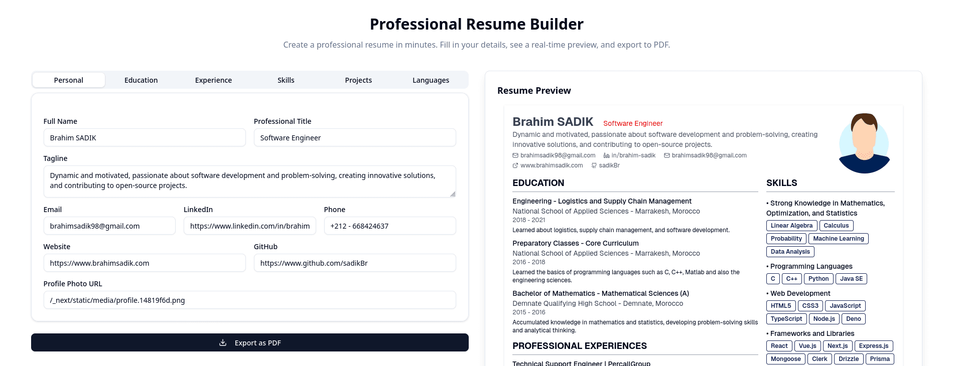 Professional Resume Builder Application